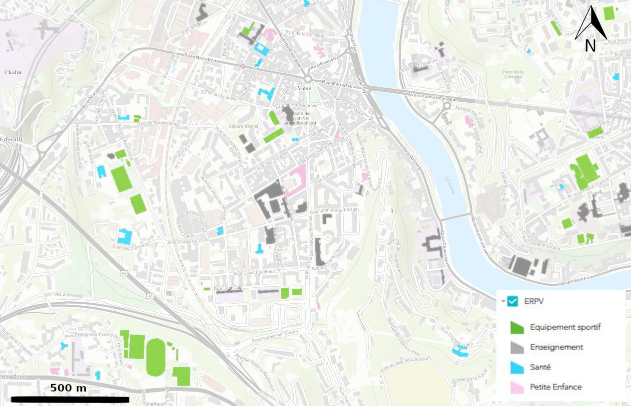 Carte exemple construite avec la base ERPV sur un quartier de Lyon